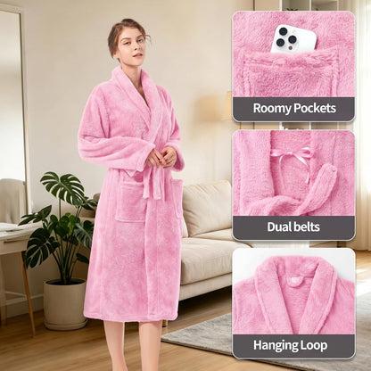 Womens Plush Fleece Robe, Cozy Warm Bathrobe Fuzzy Female Spa Robe With Pockets