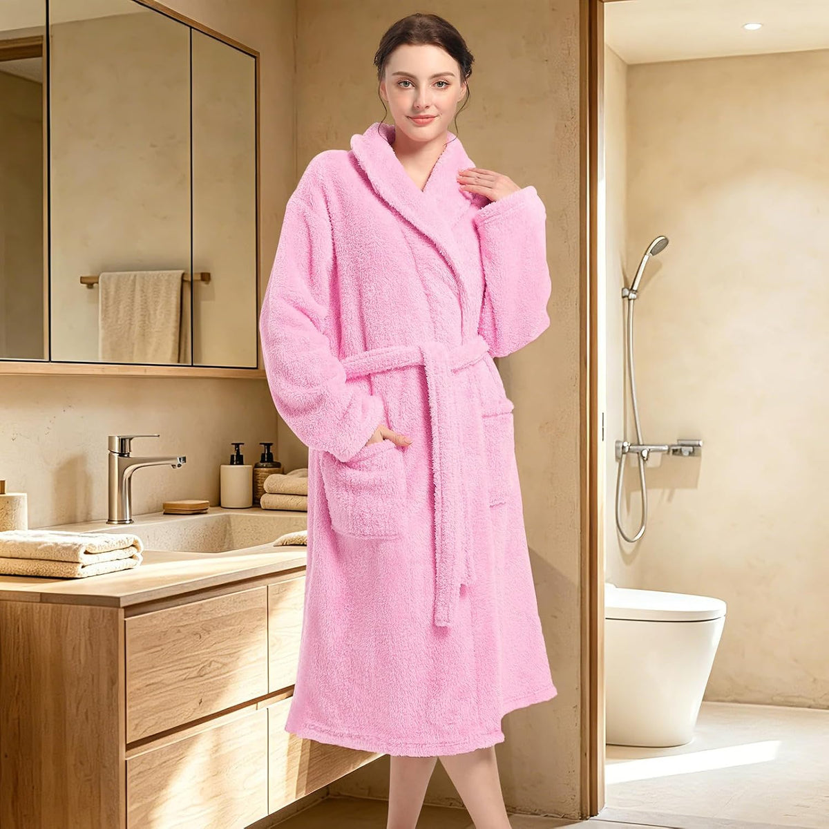 Womens Plush Fleece Robe, Cozy Warm Bathrobe Fuzzy Female Spa Robe With Pockets