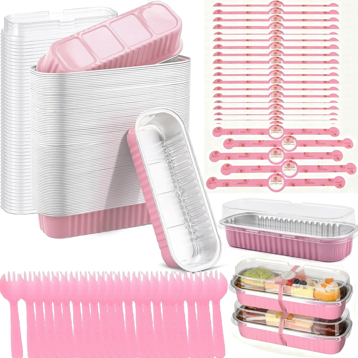 100 Pack Mini Loaf Pans with Lids and Spoons Sealing Sticker, 6.8oz Mini Cake Pans for Baking, Disposable Aluminum Foil Loaf Pans, Loaf Baking Pans, Small Cake Containers With Lids (Pink)