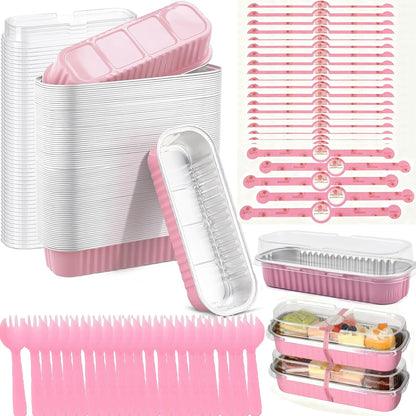 100 Pack Mini Loaf Pans with Lids and Spoons Sealing Sticker, 6.8oz Mini Cake Pans for Baking, Disposable Aluminum Foil Loaf Pans, Loaf Baking Pans, Small Cake Containers With Lids (Pink)
