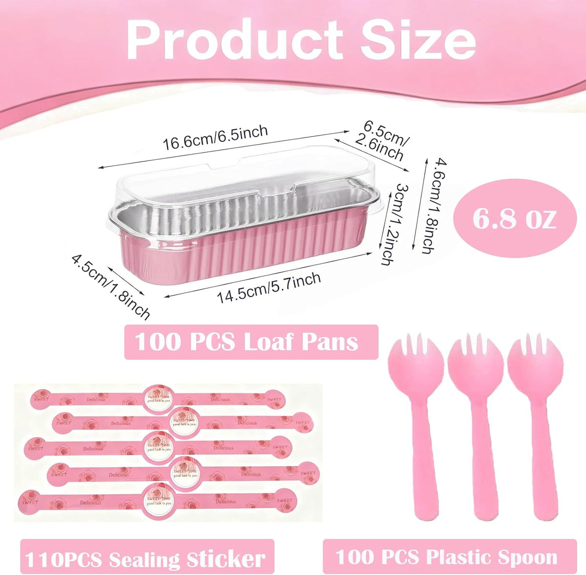 100 Pack Mini Loaf Pans with Lids and Spoons Sealing Sticker, 6.8oz Mini Cake Pans for Baking, Disposable Aluminum Foil Loaf Pans, Loaf Baking Pans, Small Cake Containers With Lids (Pink)