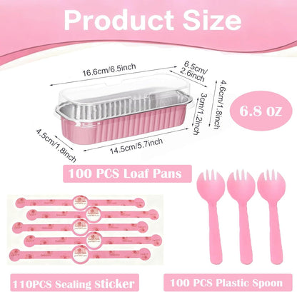 100 Pack Mini Loaf Pans with Lids and Spoons Sealing Sticker, 6.8oz Mini Cake Pans for Baking, Disposable Aluminum Foil Loaf Pans, Loaf Baking Pans, Small Cake Containers With Lids (Pink)