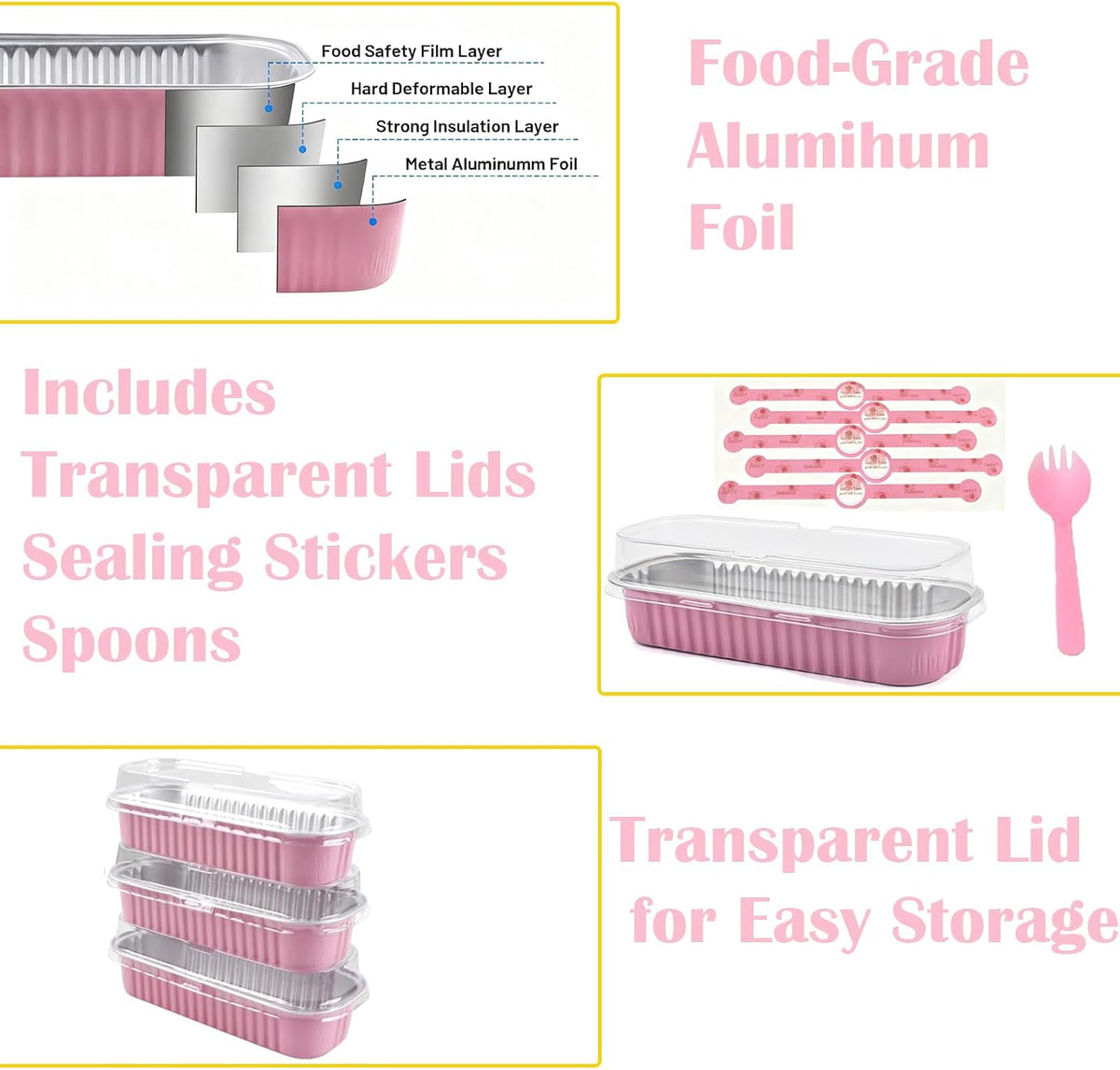 100 Pack Mini Loaf Pans with Lids and Spoons Sealing Sticker, 6.8oz Mini Cake Pans for Baking, Disposable Aluminum Foil Loaf Pans, Loaf Baking Pans, Small Cake Containers With Lids (Pink)