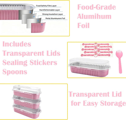 100 Pack Mini Loaf Pans with Lids and Spoons Sealing Sticker, 6.8oz Mini Cake Pans for Baking, Disposable Aluminum Foil Loaf Pans, Loaf Baking Pans, Small Cake Containers With Lids (Pink)