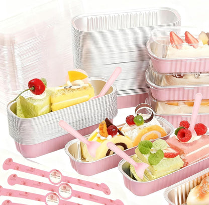 100 Pack Mini Loaf Pans with Lids and Spoons Sealing Sticker, 6.8oz Mini Cake Pans for Baking, Disposable Aluminum Foil Loaf Pans, Loaf Baking Pans, Small Cake Containers With Lids (Pink)