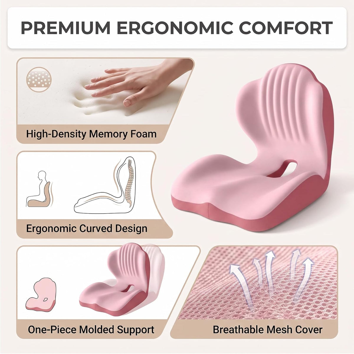 Ergonomic Seat Cushion,Lumbar Support for Office Chair, Memory Foam Chair Cushion for Car Seat,Long Sitting Comfort & Posture Support (Pink)