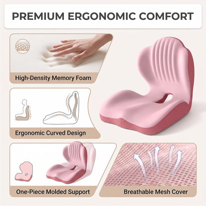 Ergonomic Seat Cushion,Lumbar Support for Office Chair, Memory Foam Chair Cushion for Car Seat,Long Sitting Comfort & Posture Support (Pink)