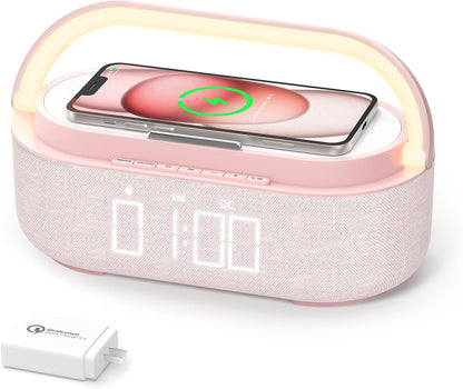 COLSUR Bluetooth Speaker Alarm Clock with Wireless Charger, FM Radio, Adjustable LED Night Light, 6 in 1 Bedroom Portable Speaker 2500mAh, Phone Stand for Bedside, Home, Office, Gift (Pink)