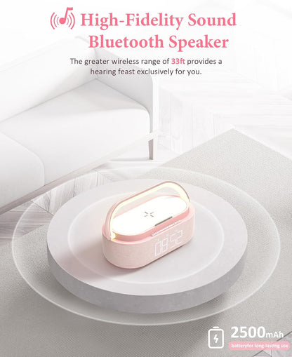 COLSUR Bluetooth Speaker Alarm Clock with Wireless Charger, FM Radio, Adjustable LED Night Light, 6 in 1 Bedroom Portable Speaker 2500mAh, Phone Stand for Bedside, Home, Office, Gift (Pink)