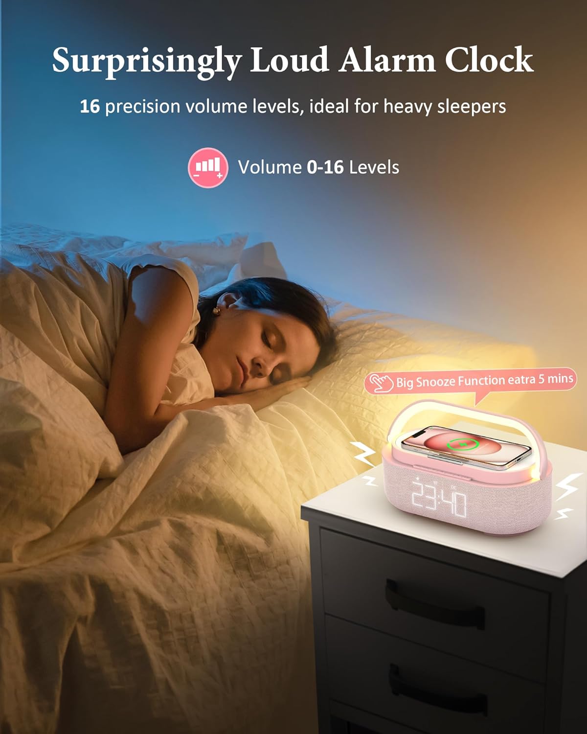 COLSUR Bluetooth Speaker Alarm Clock with Wireless Charger, FM Radio, Adjustable LED Night Light, 6 in 1 Bedroom Portable Speaker 2500mAh, Phone Stand for Bedside, Home, Office, Gift (Pink)