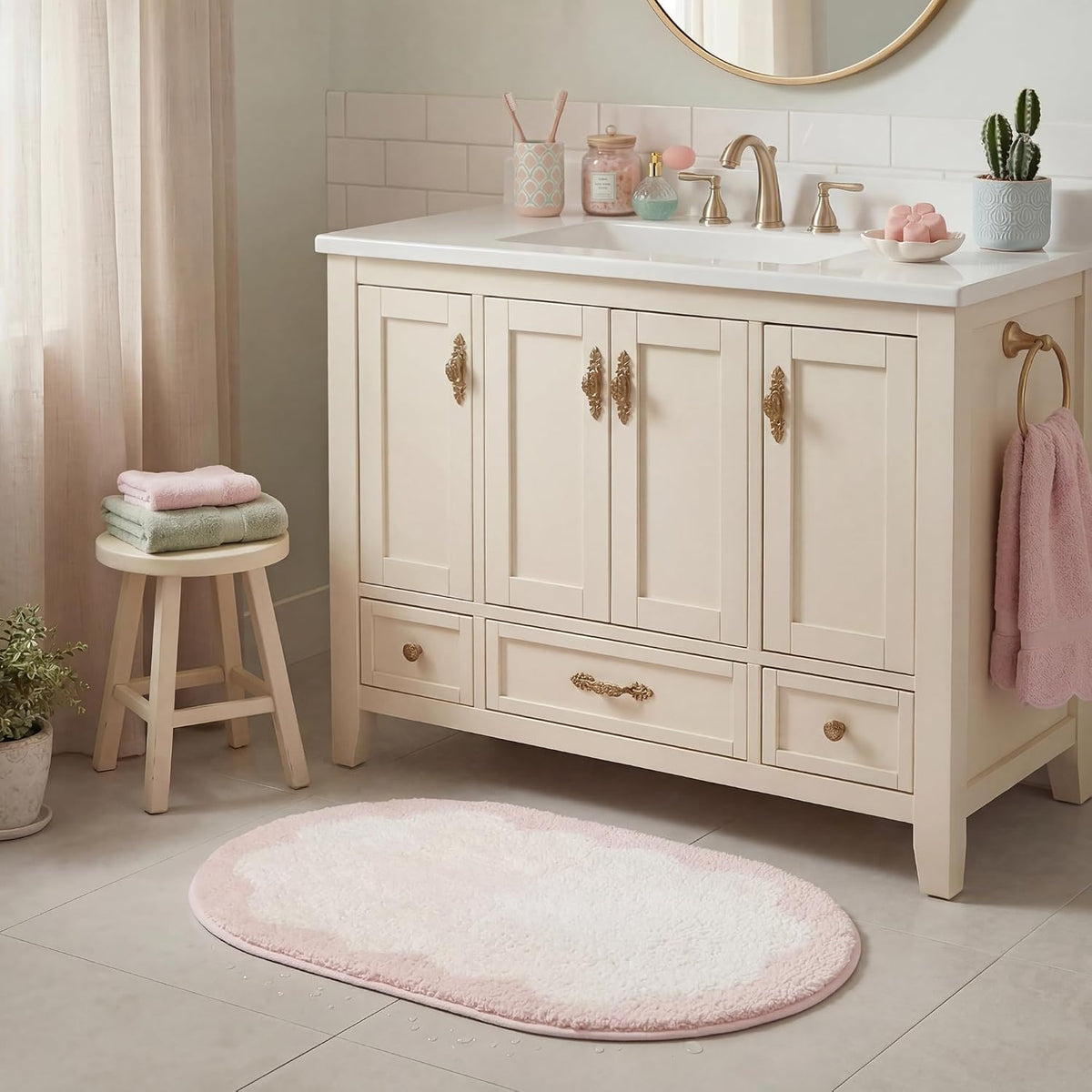 Pink Oval Bathroom Rug, 16" x 24", Cute Bath Mat