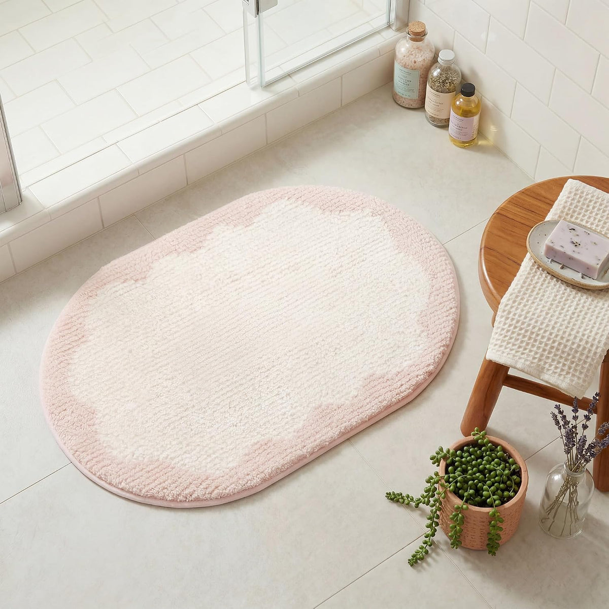 Pink Oval Bathroom Rug, 16" x 24", Cute Bath Mat