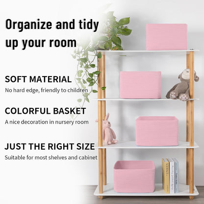 4 Pack Storage Baskets for Organizing Toys, Towels, and Clothes, Woven Basket for Shelves, Sturdy Nursery Cube Bins for Storage, 13''L x9''W x7.8''H, Pink