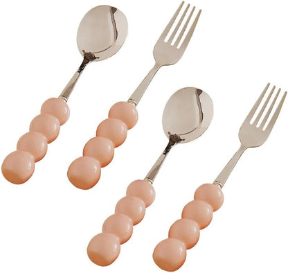 (4 Pieces) Stainless Steel Fork Spoon Household Tableware Ball 5.91-inch Cute Dessert Coffee Soup Fruit (Pink)