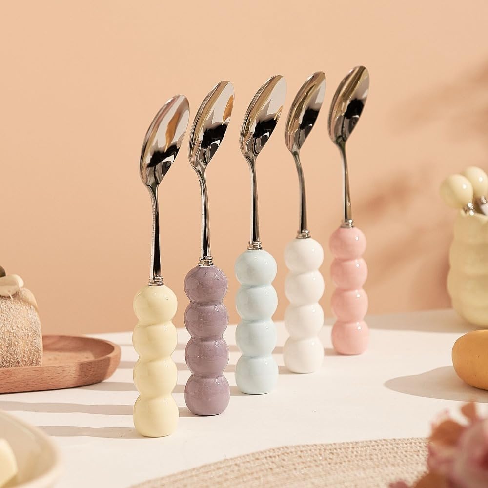 (4 Pieces) Stainless Steel Fork Spoon Household Tableware Ball 5.91-inch Cute Dessert Coffee Soup Fruit (Pink)