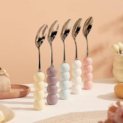 (4 Pieces) Stainless Steel Fork Spoon Household Tableware Ball 5.91-inch Cute Dessert Coffee Soup Fruit (Pink)