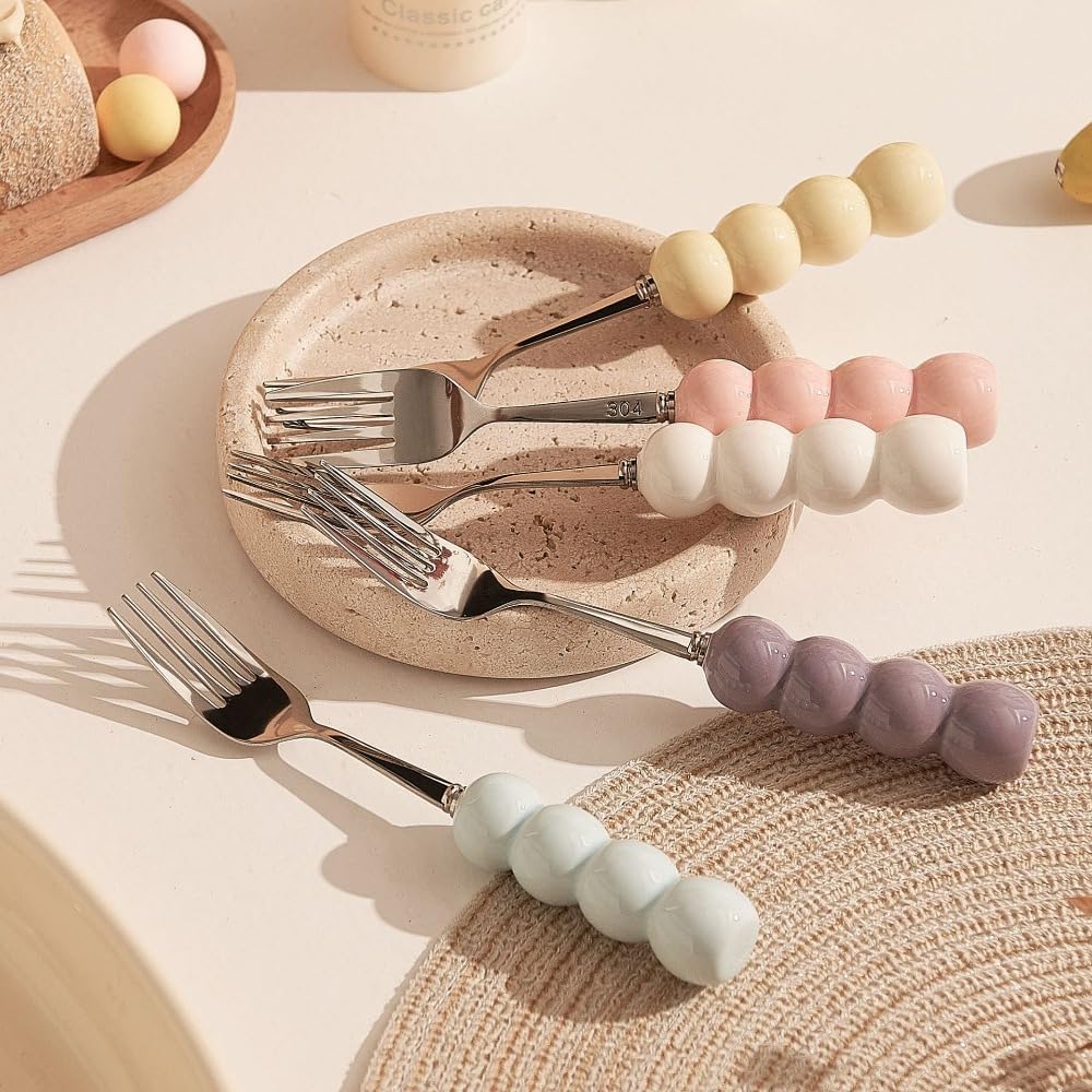 (4 Pieces) Stainless Steel Fork Spoon Household Tableware Ball 5.91-inch Cute Dessert Coffee Soup Fruit (Pink)