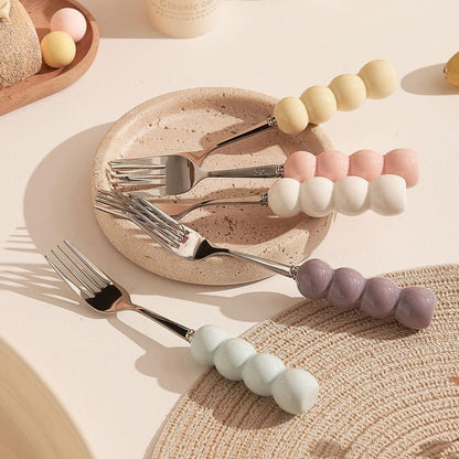 (4 Pieces) Stainless Steel Fork Spoon Household Tableware Ball 5.91-inch Cute Dessert Coffee Soup Fruit (Pink)