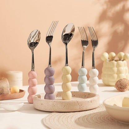 (4 Pieces) Stainless Steel Fork Spoon Household Tableware Ball 5.91-inch Cute Dessert Coffee Soup Fruit (Pink)