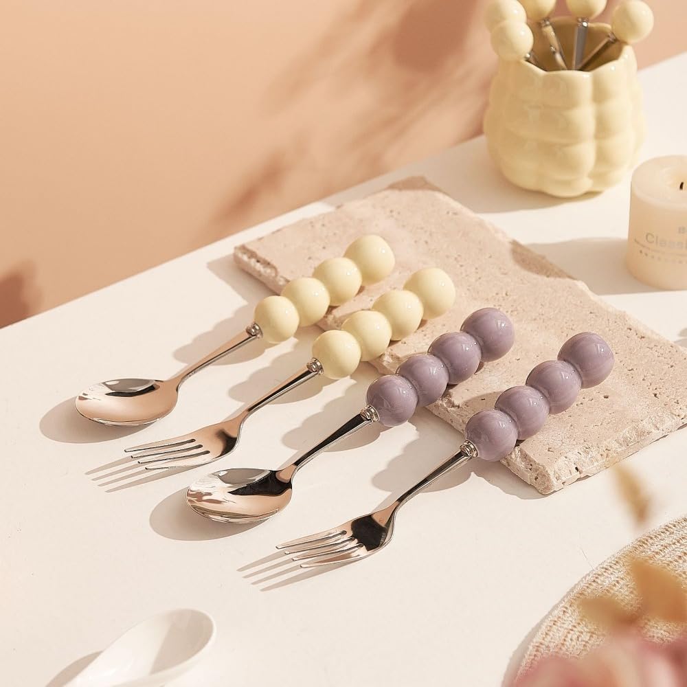 (4 Pieces) Stainless Steel Fork Spoon Household Tableware Ball 5.91-inch Cute Dessert Coffee Soup Fruit (Pink)