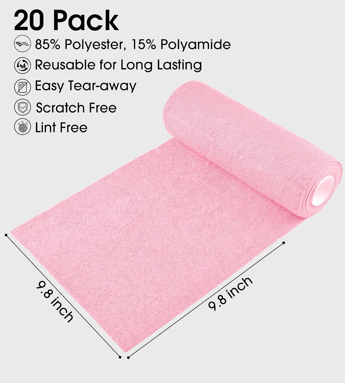 KitchLife Microfiber Cleaning Cloth Roll - Tear-Away Reusable Microfiber Paper Towels, Lint-Free, Washable, 20 Sheets for Kitchen, Car, Dishes, and Sensitive Surfaces (Pink)