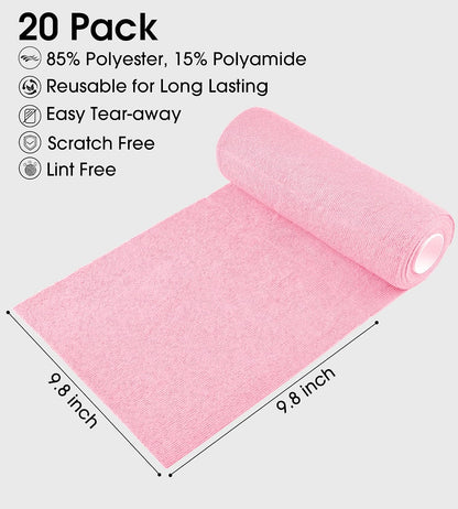 KitchLife Microfiber Cleaning Cloth Roll - Tear-Away Reusable Microfiber Paper Towels, Lint-Free, Washable, 20 Sheets for Kitchen, Car, Dishes, and Sensitive Surfaces (Pink)