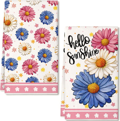 Floral Spring Summer Kitchen Towels Set of 2,18x26 Inches Pink Dish Cloths -Flowers Hello Sunshine Farmhouse Design,Holiday Hand Towels for Spring Decor & Gifting