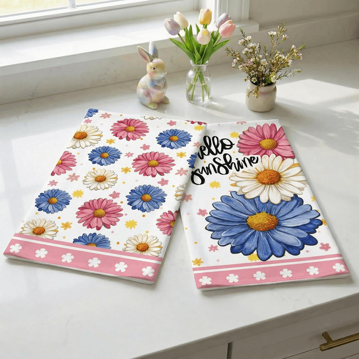 Floral Spring Summer Kitchen Towels Set of 2,18x26 Inches Pink Dish Cloths -Flowers Hello Sunshine Farmhouse Design,Holiday Hand Towels for Spring Decor & Gifting