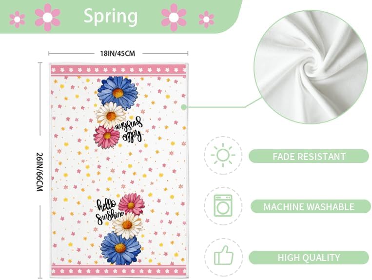 Floral Spring Summer Kitchen Towels Set of 2,18x26 Inches Pink Dish Cloths -Flowers Hello Sunshine Farmhouse Design,Holiday Hand Towels for Spring Decor & Gifting