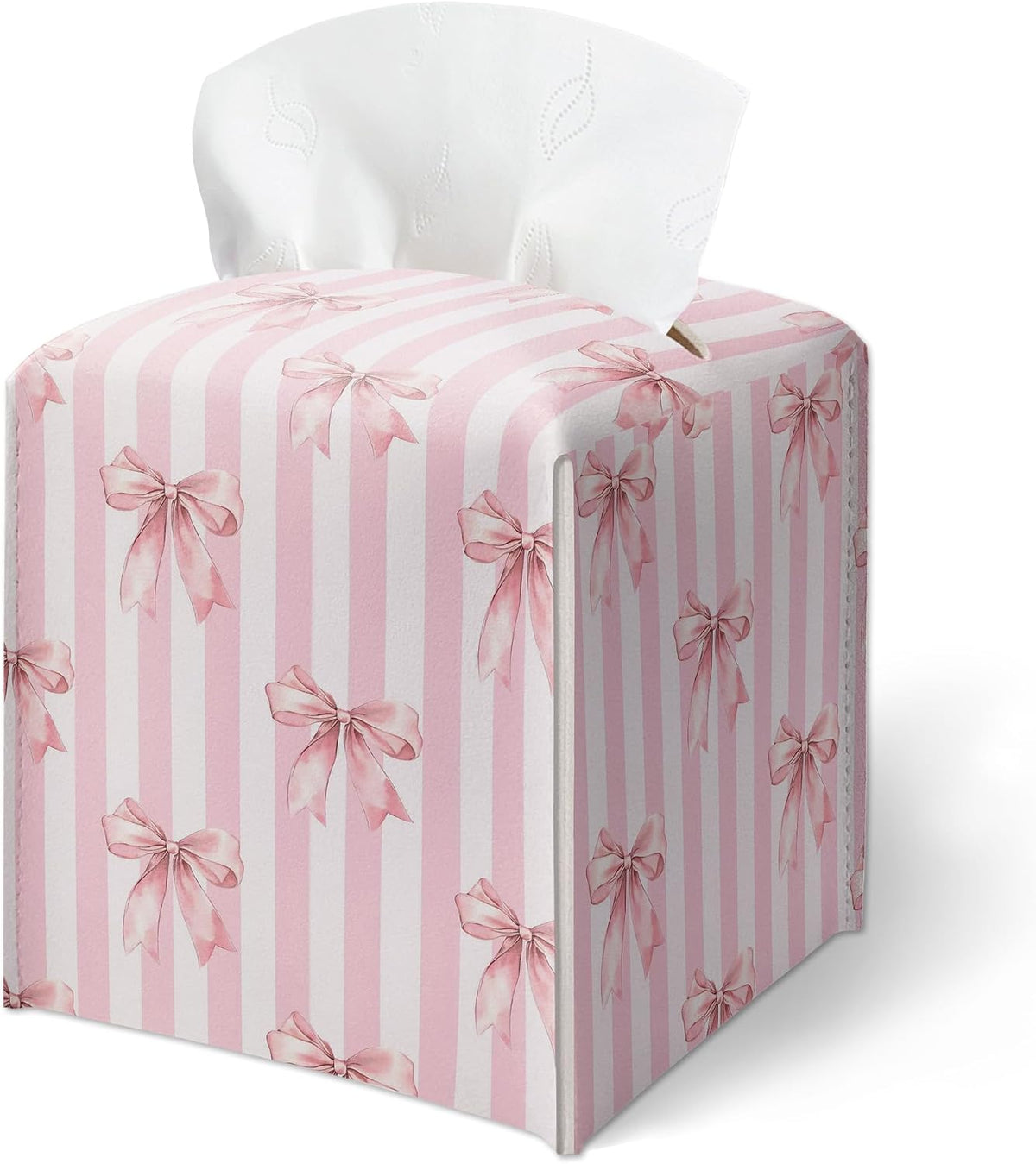 Pink Bow Stripes Tissue Box Cover, Cute Preppy Leather Tissue Box-Waterproof, Aesthetic Home Decor for Desktop Living Room Vanity Office, Gift Idea for Women & Friend, 5 x 5 Inches-A14