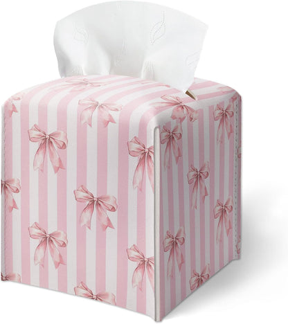 Pink Bow Stripes Tissue Box Cover, Cute Preppy Leather Tissue Box-Waterproof, Aesthetic Home Decor for Desktop Living Room Vanity Office, Gift Idea for Women & Friend, 5 x 5 Inches-A14