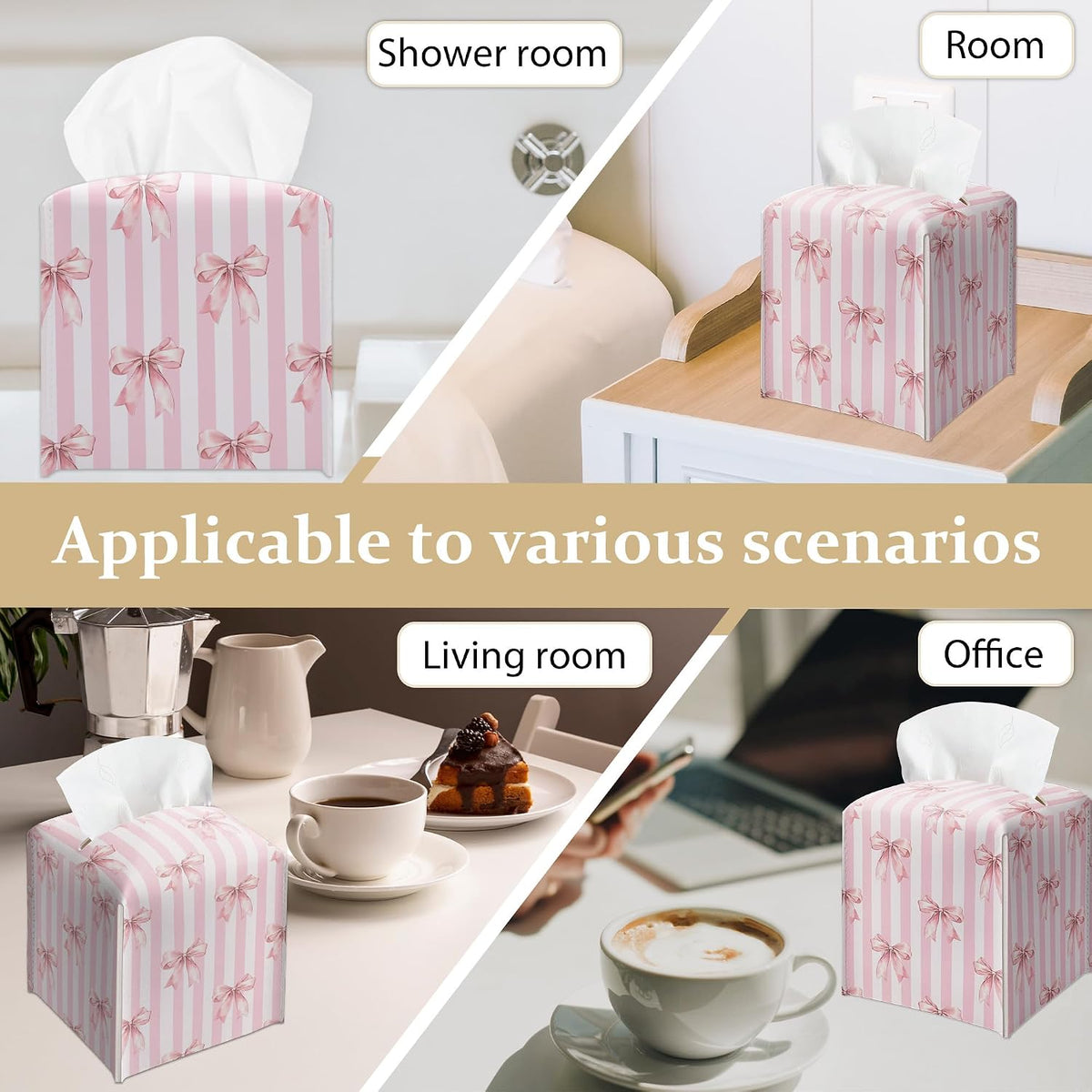 Pink Bow Stripes Tissue Box Cover, Cute Preppy Leather Tissue Box-Waterproof, Aesthetic Home Decor for Desktop Living Room Vanity Office, Gift Idea for Women & Friend, 5 x 5 Inches-A14