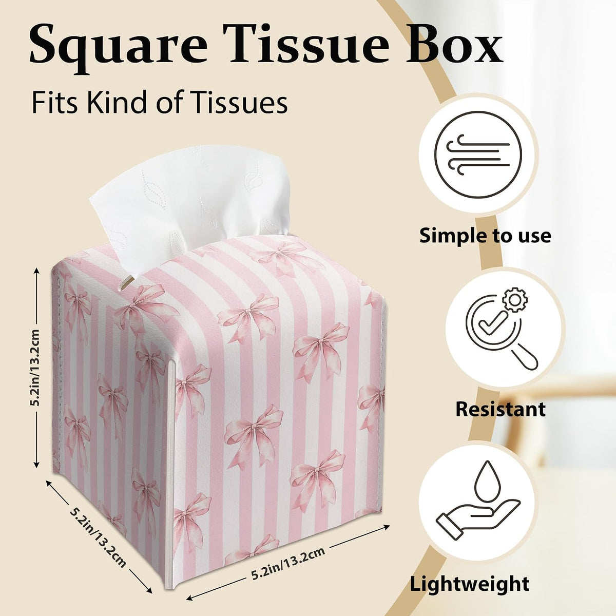 Pink Bow Stripes Tissue Box Cover, Cute Preppy Leather Tissue Box-Waterproof, Aesthetic Home Decor for Desktop Living Room Vanity Office, Gift Idea for Women & Friend, 5 x 5 Inches-A14