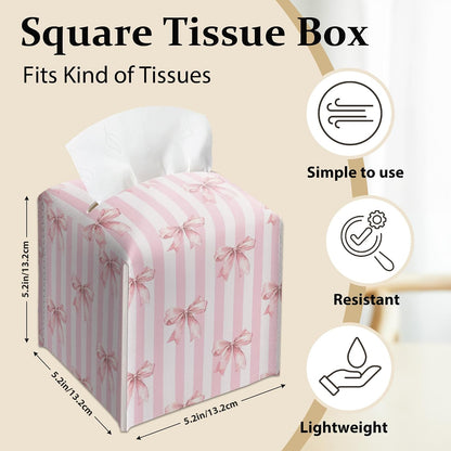 Pink Bow Stripes Tissue Box Cover, Cute Preppy Leather Tissue Box-Waterproof, Aesthetic Home Decor for Desktop Living Room Vanity Office, Gift Idea for Women & Friend, 5 x 5 Inches-A14