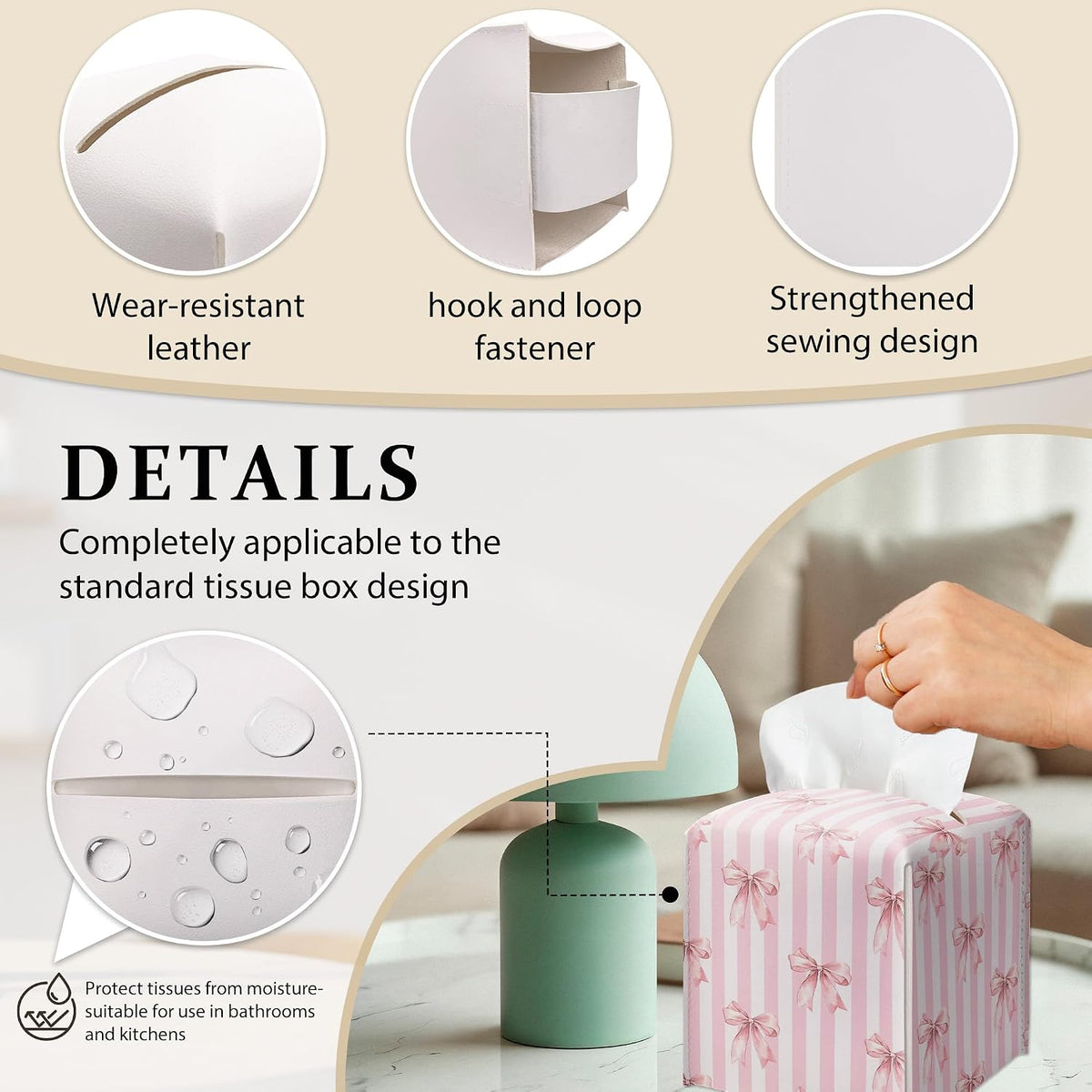 Pink Bow Stripes Tissue Box Cover, Cute Preppy Leather Tissue Box-Waterproof, Aesthetic Home Decor for Desktop Living Room Vanity Office, Gift Idea for Women & Friend, 5 x 5 Inches-A14