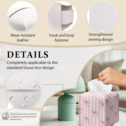 Pink Bow Stripes Tissue Box Cover, Cute Preppy Leather Tissue Box-Waterproof, Aesthetic Home Decor for Desktop Living Room Vanity Office, Gift Idea for Women & Friend, 5 x 5 Inches-A14