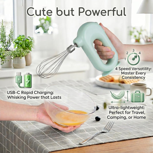 Colorful Mini Cordless Hand Mixer, Self-Standing USB Rechargeable Handheld Egg Beater with 4 Speeds & 2 Whisks, Lightweight Portable Electric Whisk for Kitchen Baking and Cooking(Pink)