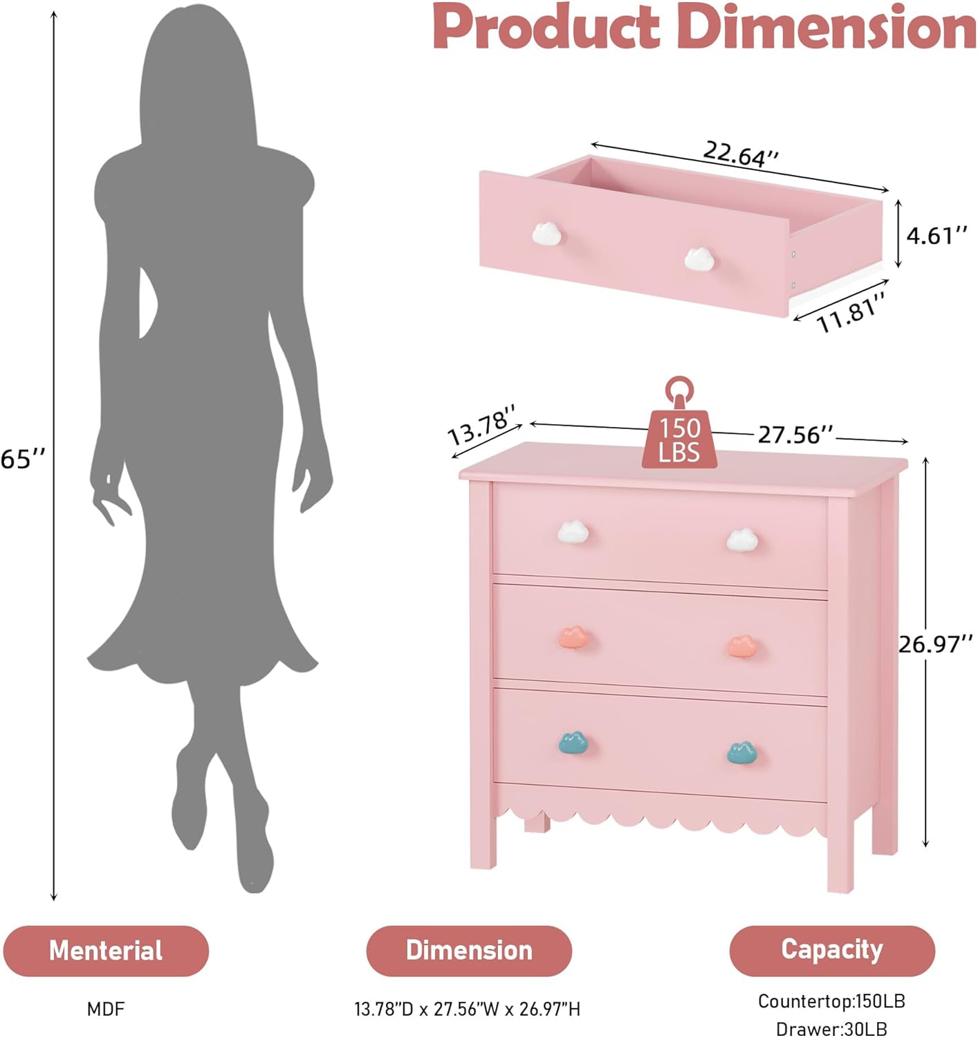 Pink Nightstand, 27.56" Wide 3 Drawer Night Stand for Bedroom, Cute Scalloped Dresser Bedside Table for Bedroom, Hallway, Living Room