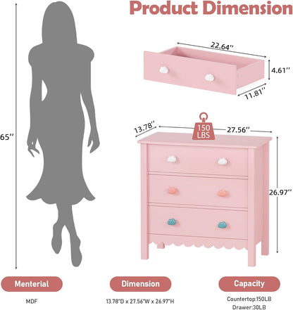 Pink Nightstand, 27.56" Wide 3 Drawer Night Stand for Bedroom, Cute Scalloped Dresser Bedside Table for Bedroom, Hallway, Living Room