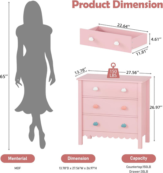 Pink Nightstand, 27.56" Wide 3 Drawer Night Stand for Bedroom, Cute Scalloped Dresser Bedside Table for Bedroom, Hallway, Living Room