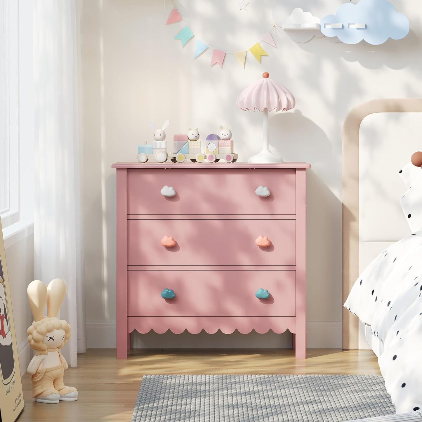 Pink Nightstand, 27.56" Wide 3 Drawer Night Stand for Bedroom, Cute Scalloped Dresser Bedside Table for Bedroom, Hallway, Living Room