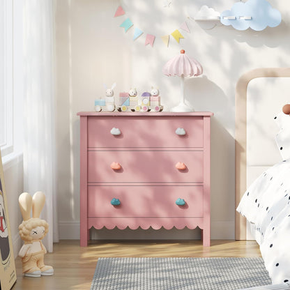 Pink Nightstand, 27.56" Wide 3 Drawer Night Stand for Bedroom, Cute Scalloped Dresser Bedside Table for Bedroom, Hallway, Living Room