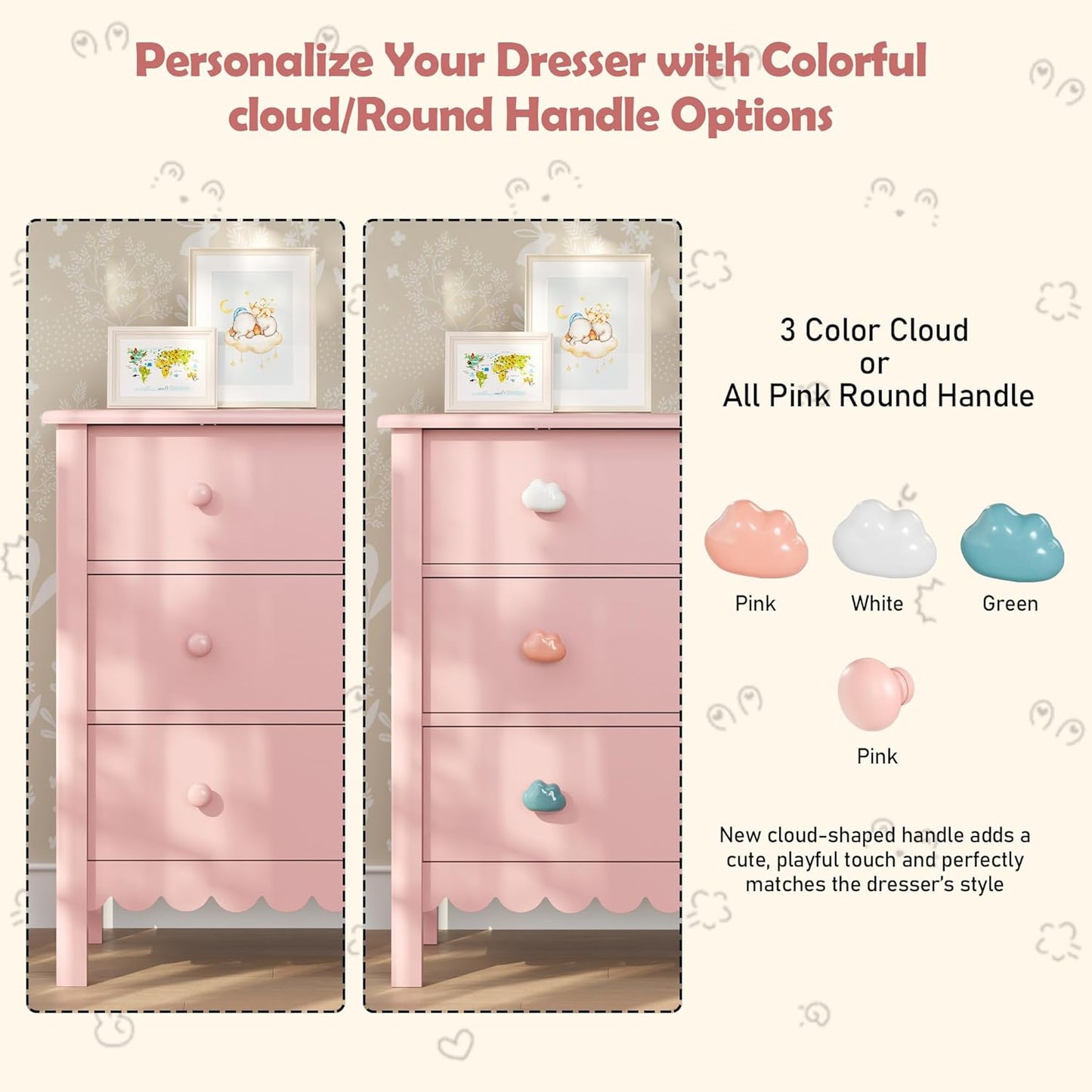 Pink Nightstand, 27.56" Wide 3 Drawer Night Stand for Bedroom, Cute Scalloped Dresser Bedside Table for Bedroom, Hallway, Living Room