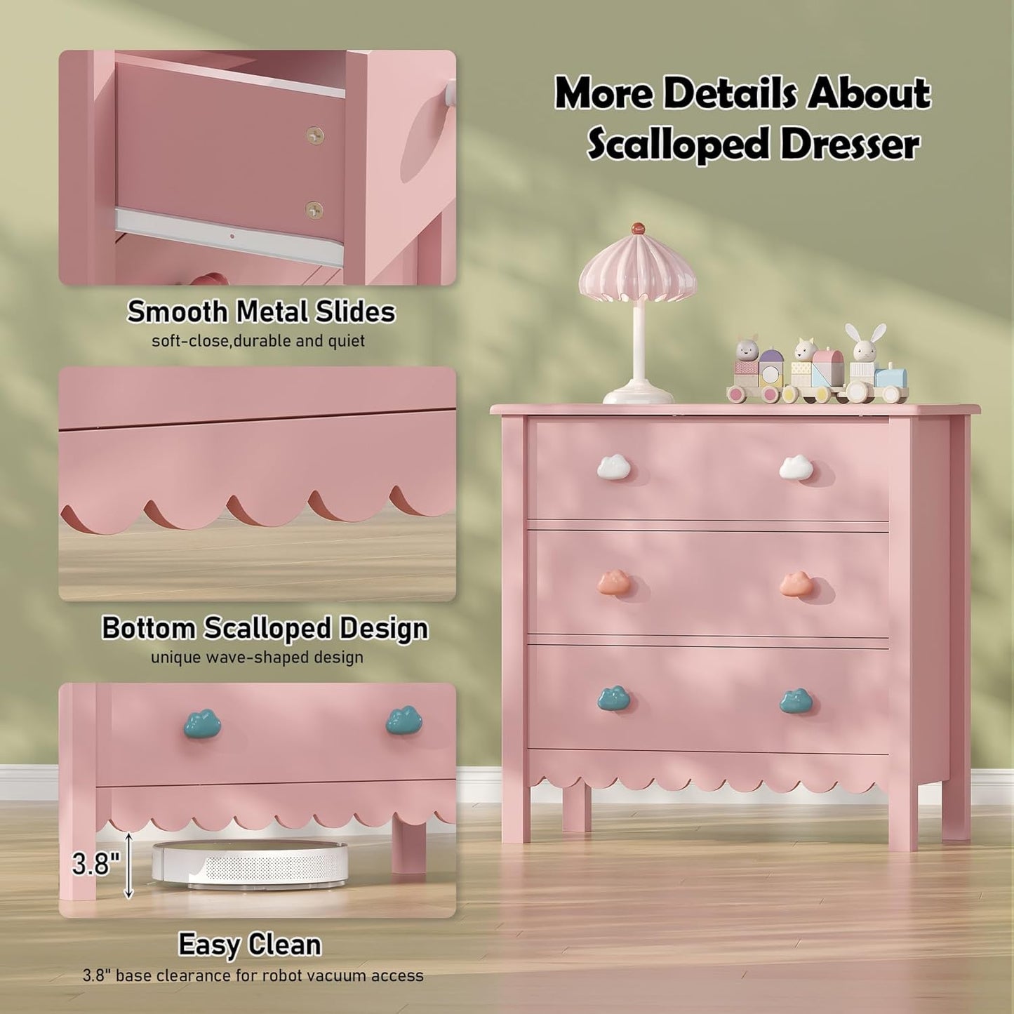 Pink Nightstand, 27.56" Wide 3 Drawer Night Stand for Bedroom, Cute Scalloped Dresser Bedside Table for Bedroom, Hallway, Living Room