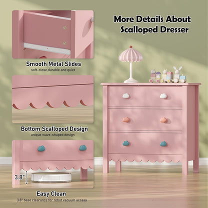 Pink Nightstand, 27.56" Wide 3 Drawer Night Stand for Bedroom, Cute Scalloped Dresser Bedside Table for Bedroom, Hallway, Living Room