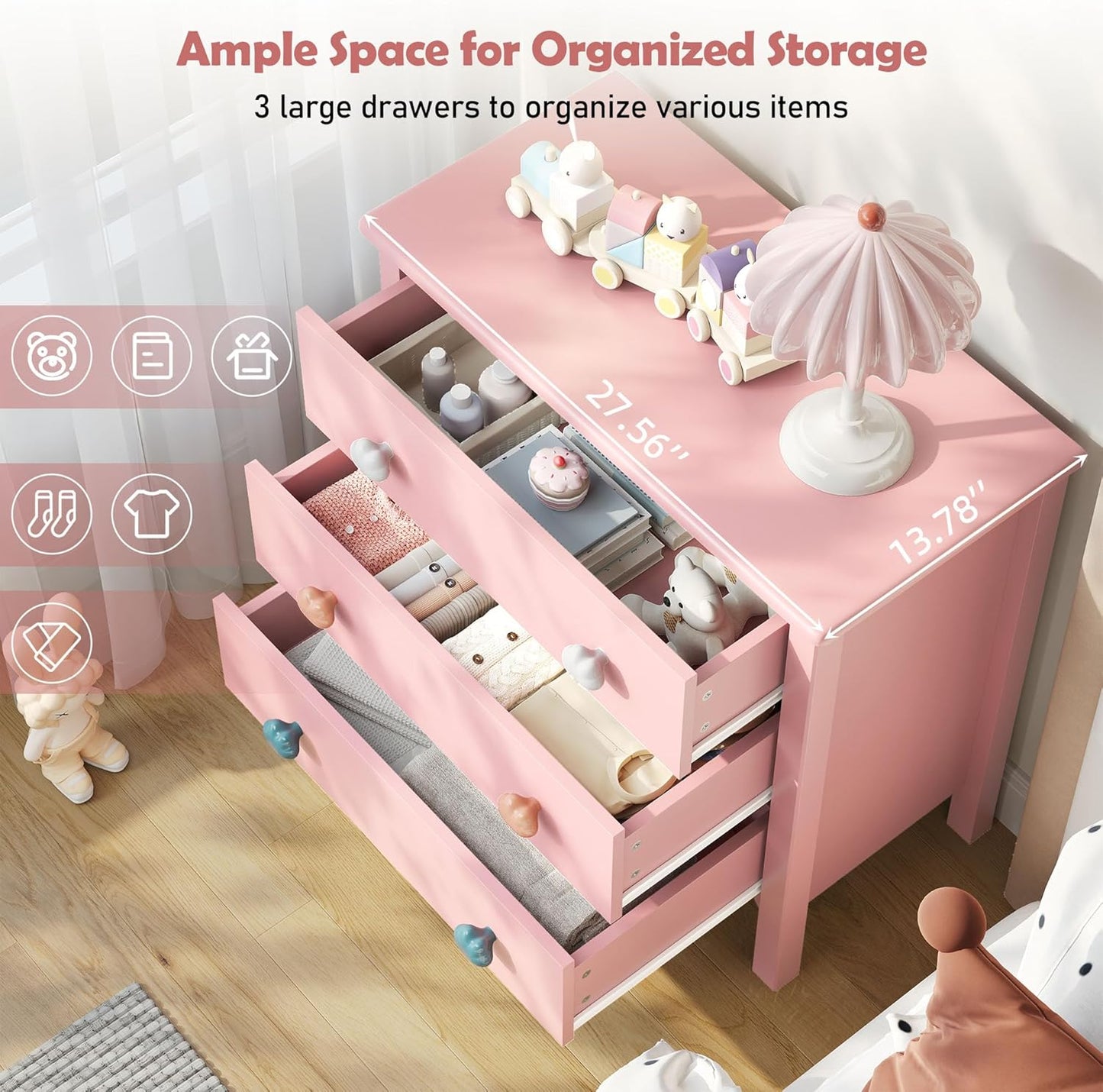 Pink Nightstand, 27.56" Wide 3 Drawer Night Stand for Bedroom, Cute Scalloped Dresser Bedside Table for Bedroom, Hallway, Living Room