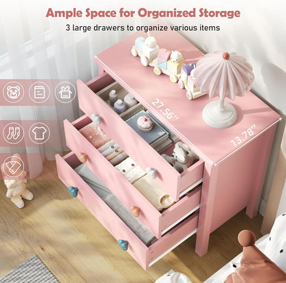 Pink Nightstand, 27.56" Wide 3 Drawer Night Stand for Bedroom, Cute Scalloped Dresser Bedside Table for Bedroom, Hallway, Living Room