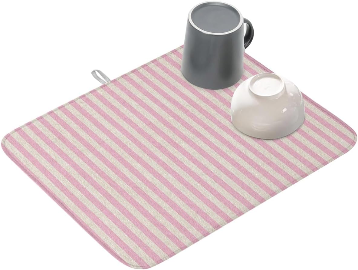 Dish Drying Mat for Kitchen Counter,Modern Pink Stripe Linen Texture Absorbent Microfiber Drainer Rack Pad Country Retro Minimalist Line Quick Dry Mat for Sinks Dishes Utensils 18x24in,1 Pack