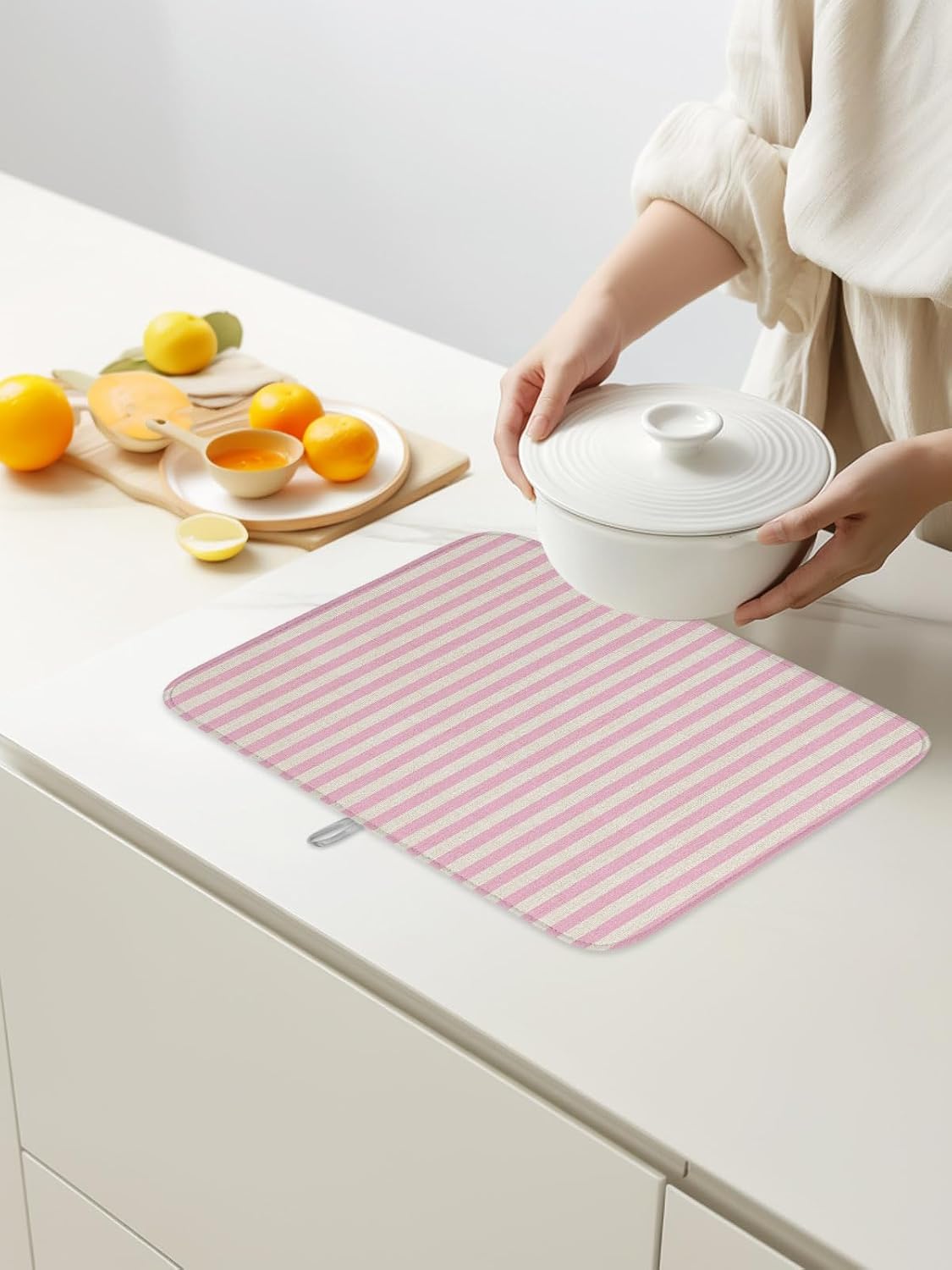 Dish Drying Mat for Kitchen Counter,Modern Pink Stripe Linen Texture Absorbent Microfiber Drainer Rack Pad Country Retro Minimalist Line Quick Dry Mat for Sinks Dishes Utensils 18x24in,1 Pack
