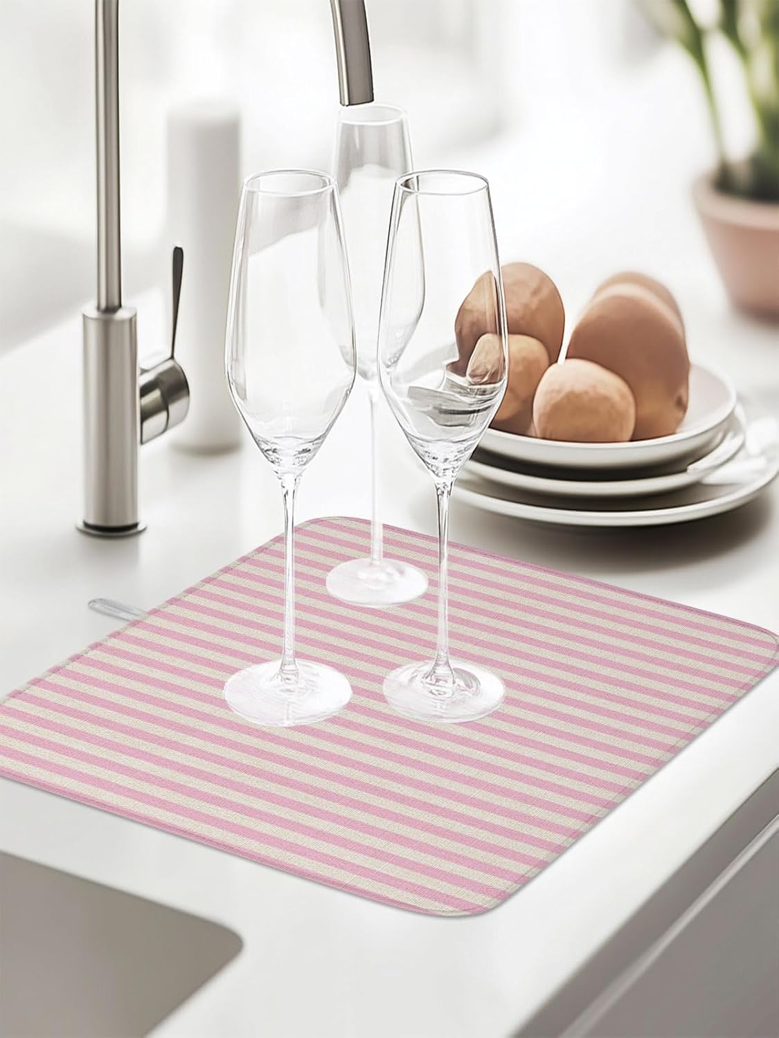 Dish Drying Mat for Kitchen Counter,Modern Pink Stripe Linen Texture Absorbent Microfiber Drainer Rack Pad Country Retro Minimalist Line Quick Dry Mat for Sinks Dishes Utensils 18x24in,1 Pack